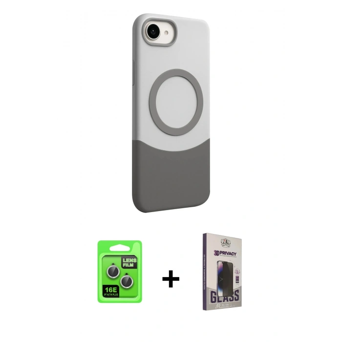 MARSİLYAN™- iPhone 16E Kılıf Kozmos Form Özel Seri - Siyah Bilvis Hayalet Cam Ekran Koruyucu + Gümüş Raze Metal Kamera Lens