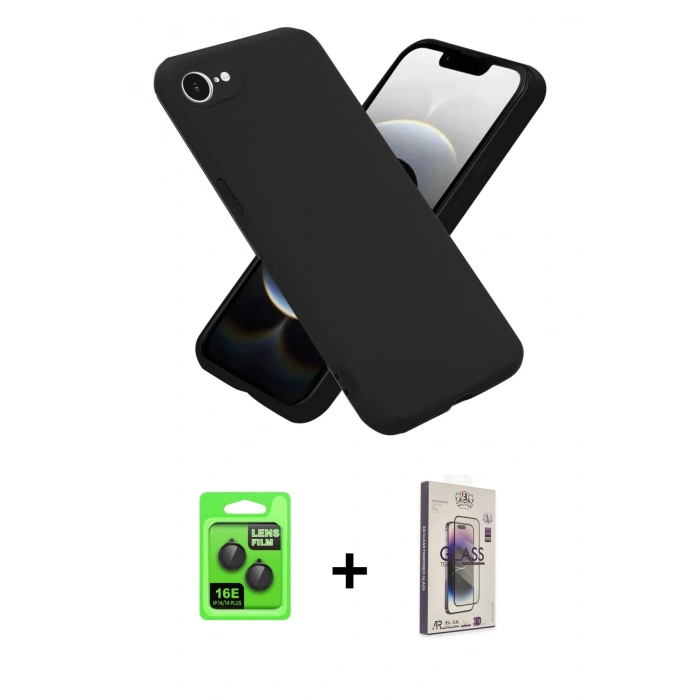MARSİLYAN™- iPhone 16E Kılıf Kozmos Yansıma Özel Seri - Siyah Bilvis 3D Cam Ekran Koruyucu + Raze Metal Kamera Lens - SH
