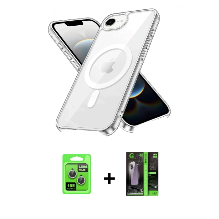 MARSİLYAN™- iPhone 16E Kılıf Kutup Klasik Serisi - Şeffaf 360 Full Body Arka Koruyucu + Raze Metal Kamera Lens - GS