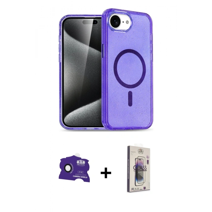 MARSİLYAN™- iPhone 16E Kılıf Nova Asil Prime - Siyah Bilvis 3D Cam Ekran Koruyucu + Bilvis Titan Kamera Lens - SH