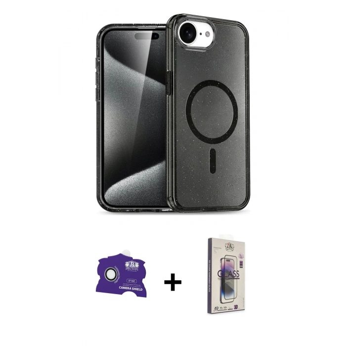 MARSİLYAN™- iPhone 16E Kılıf Nova Asil Prime - Siyah Bilvis 3D Cam Ekran Koruyucu + Bilvis Titan Kamera Lens - BZ