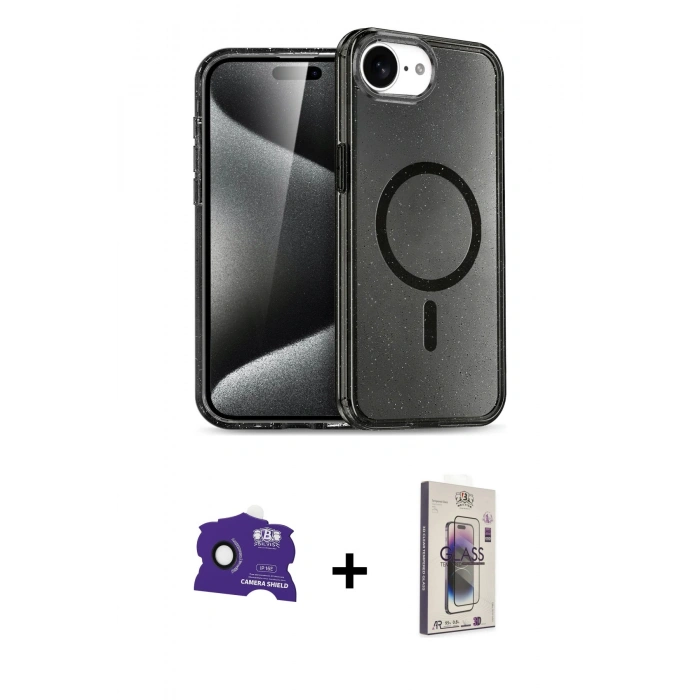 MARSİLYAN™- iPhone 16E Kılıf Nova Asil Prime - Siyah Bilvis 3D Cam Ekran Koruyucu + Bilvis Titan Kamera Lens - SH