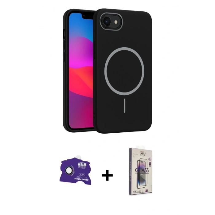 MARSİLYAN™- iPhone 16E Kılıf Siluet Doku Özel Seri - Siyah Bilvis 3D Cam Ekran Koruyucu + Rainbow Bilvis Titan Kamera Lens
