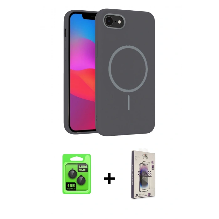 MARSİLYAN™- iPhone 16E Kılıf Siluet Doku Özel Seri - Siyah Bilvis 3D Cam Ekran Koruyucu + Raze Metal Kamera Lens - SH
