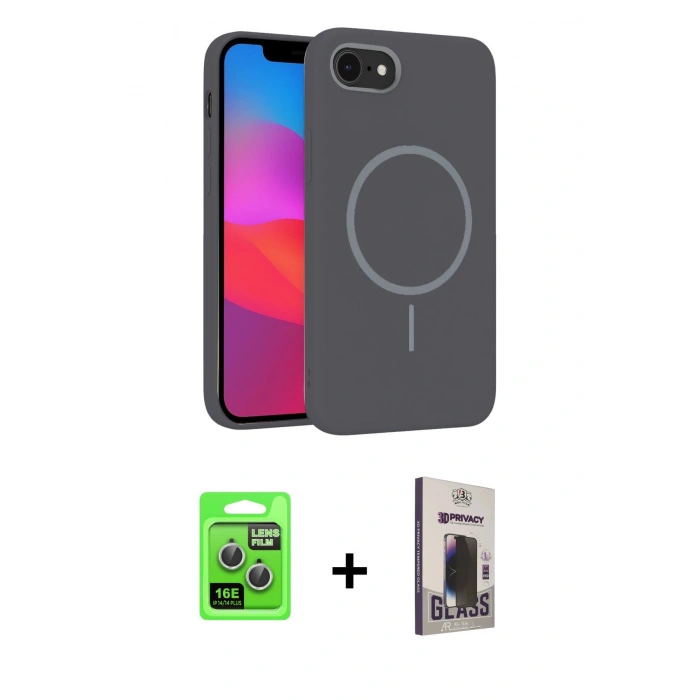 MARSİLYAN™- iPhone 16E Kılıf Siluet Doku Özel Seri - Siyah Bilvis Hayalet Cam Ekran Koruyucu + Raze Metal Kamera Lens - GS