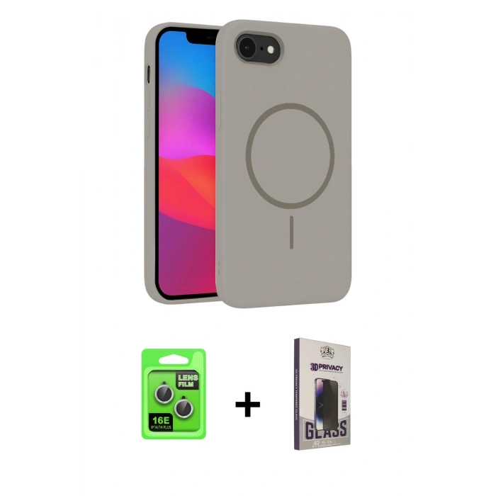 MARSİLYAN™- iPhone 16E Kılıf Siluet Doku Özel Seri - Siyah Bilvis Hayalet Cam Ekran Koruyucu + Raze Metal Kamera Lens - GS