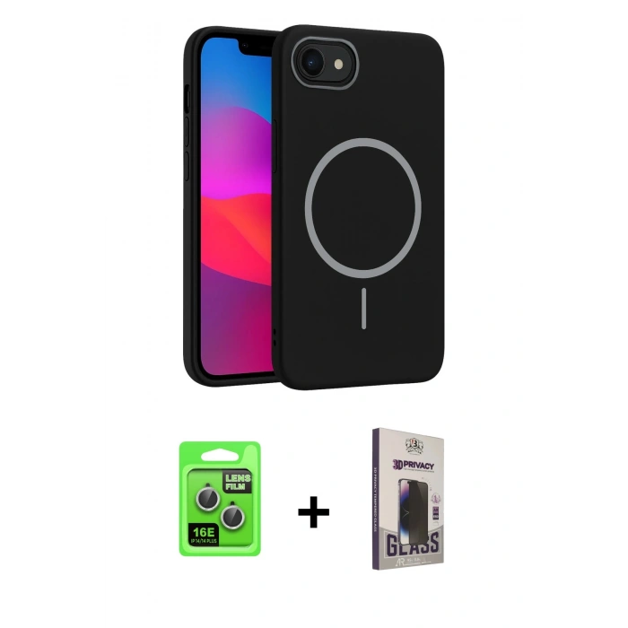 MARSİLYAN™- iPhone 16E Kılıf Siluet Doku Özel Seri - Siyah Bilvis Hayalet Cam Ekran Koruyucu + Raze Metal Kamera Lens - GS