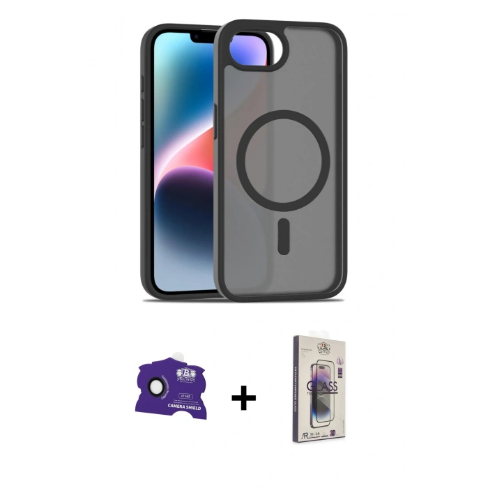 MARSİLYAN™- iPhone 16E Kılıf Siluet Minimal Prime - Siyah Bilvis 3D Cam Ekran Koruyucu + Bilvis Titan Kamera Lens - SH