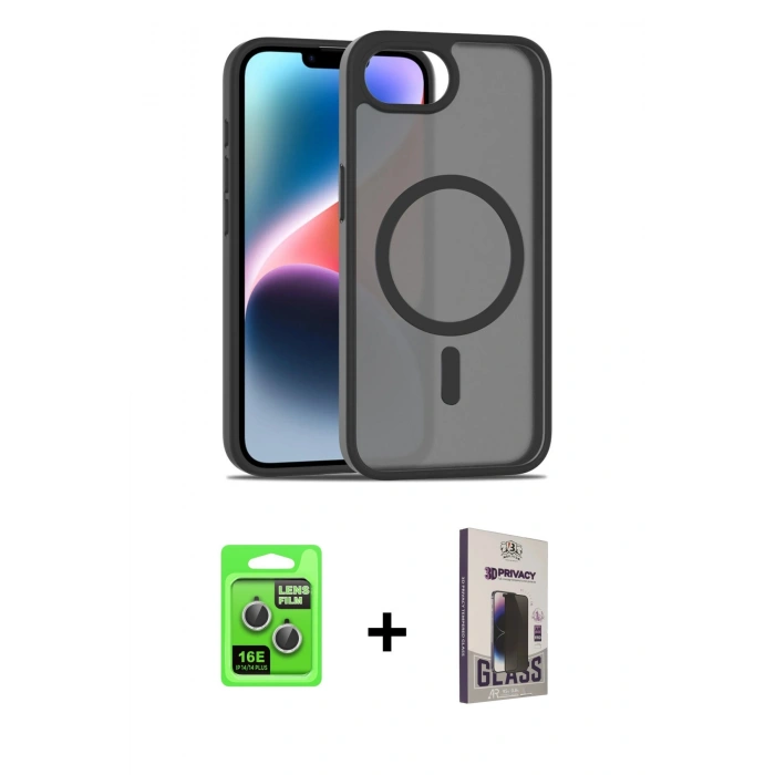 MARSİLYAN™- iPhone 16E Kılıf Siluet Minimal Prime - Siyah Bilvis Hayalet Cam Ekran Koruyucu + Raze Metal Kamera Lens - GS