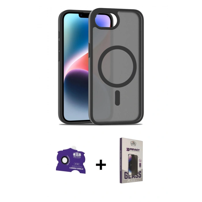 MARSİLYAN™- iPhone 16E Kılıf Siluet Minimal Prime - Siyah Bilvis Hayalet Cam Ekran Koruyucu + Bilvis Titan Kamera Lens - SH