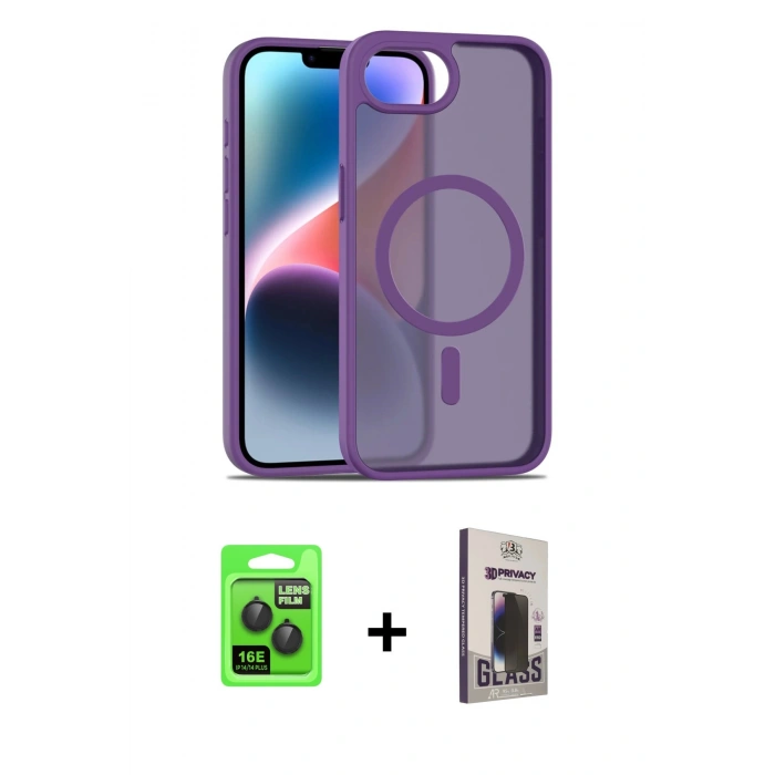 MARSİLYAN™- iPhone 16E Kılıf Siluet Minimal Prime - Siyah Bilvis Hayalet Cam Ekran Koruyucu + Raze Metal Kamera Lens - SH