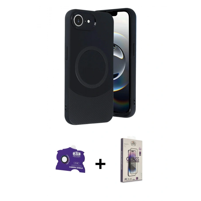 MARSİLYAN™- iPhone 16E Kılıf Ufuk Serisi - Siyah Bilvis 3D Cam Ekran Koruyucu + Bilvis Titan Kamera Lens - RW