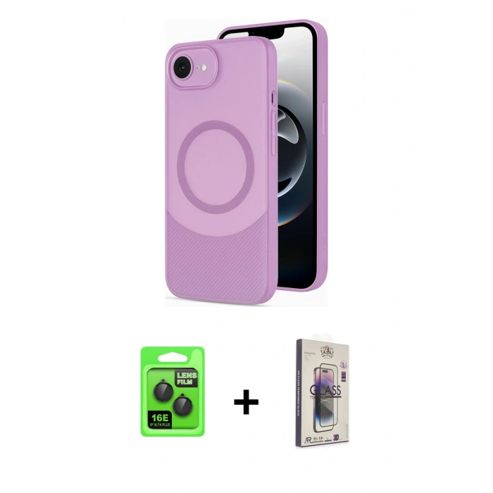 MARSİLYAN™- iPhone 16E Kılıf Ufuk Serisi - Siyah Bilvis 3D Cam Ekran Koruyucu + Raze Metal Kamera Lens - SH