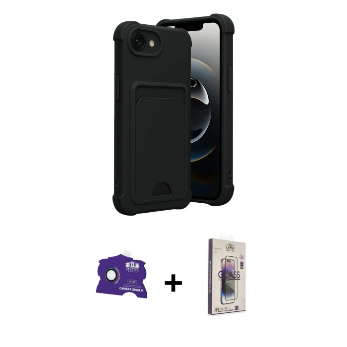 MARSİLYAN™- iPhone 16E Kılıf Vadi Çizgi Prime - Siyah Bilvis 3D Cam Ekran Koruyucu + Bilvis Titan Kamera Lens - RW