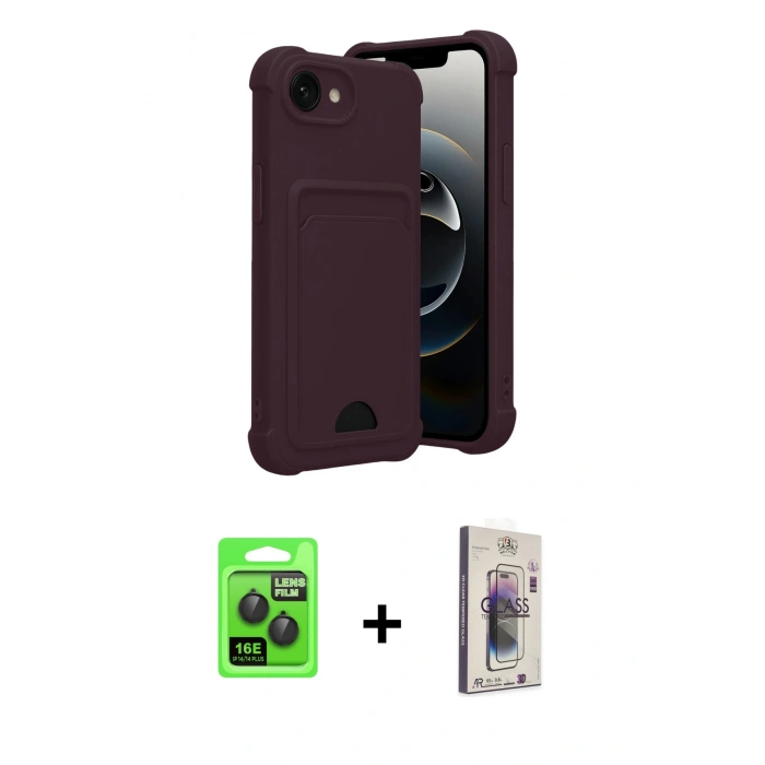 MARSİLYAN™- iPhone 16E Kılıf Vadi Çizgi Prime - Siyah Bilvis 3D Cam Ekran Koruyucu + Raze Metal Kamera Lens - SH