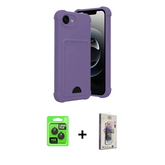 MARSİLYAN™- iPhone 16E Kılıf Vadi Çizgi Prime - Siyah Bilvis 3D Cam Ekran Koruyucu + Raze Metal Kamera Lens - SH