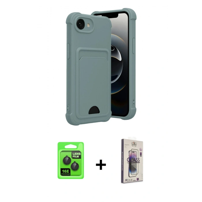 MARSİLYAN™- iPhone 16E Kılıf Vadi Çizgi Prime - Siyah Bilvis 3D Cam Ekran Koruyucu + Raze Metal Kamera Lens - SH