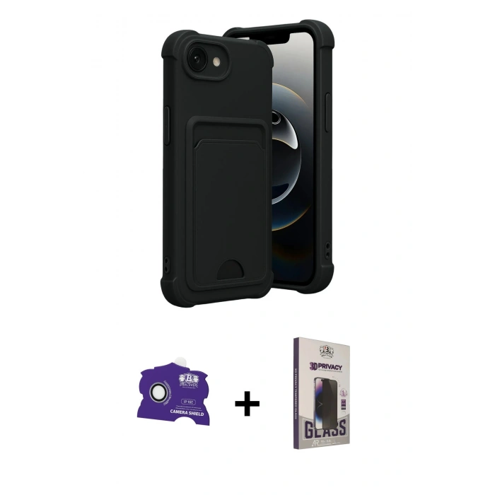 MARSİLYAN™- iPhone 16E Kılıf Vadi Çizgi Prime - Siyah Bilvis Hayalet Cam Ekran Koruyucu + Bilvis Titan Kamera Lens - BZ