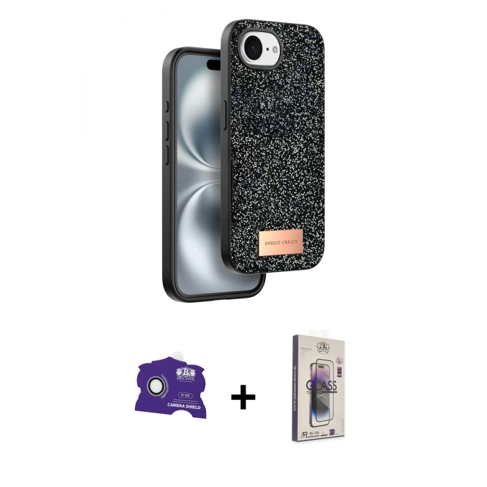 MARSİLYAN™- iPhone 16E Kılıf Vadi Klasik Serisi - Siyah Bilvis 3D Cam Ekran Koruyucu + Bilvis Titan Kamera Lens - BZ