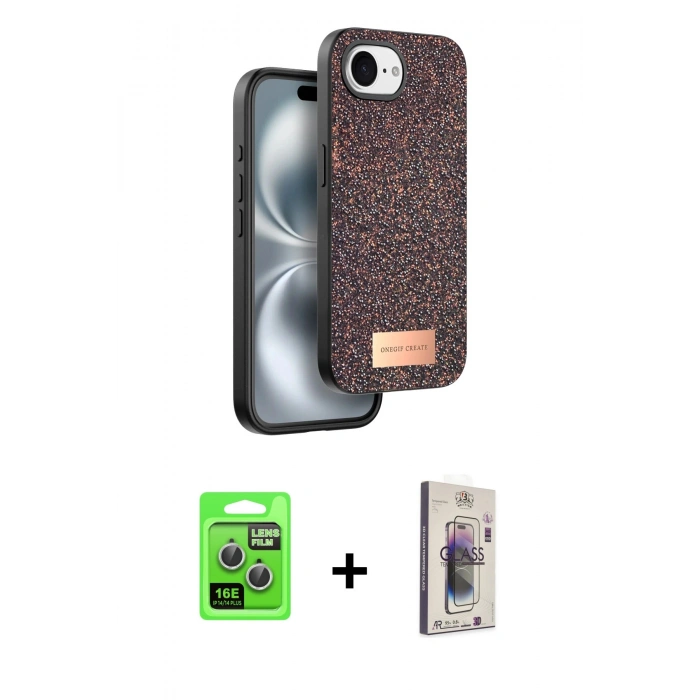 MARSİLYAN™- iPhone 16E Kılıf Vadi Klasik Serisi - Siyah Bilvis 3D Cam Ekran Koruyucu + Raze Metal Kamera Lens - GS