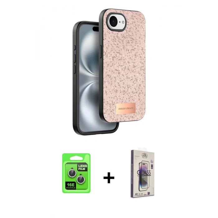 MARSİLYAN™- iPhone 16E Kılıf Vadi Klasik Serisi - Siyah Bilvis 3D Cam Ekran Koruyucu + Raze Metal Kamera Lens - GS