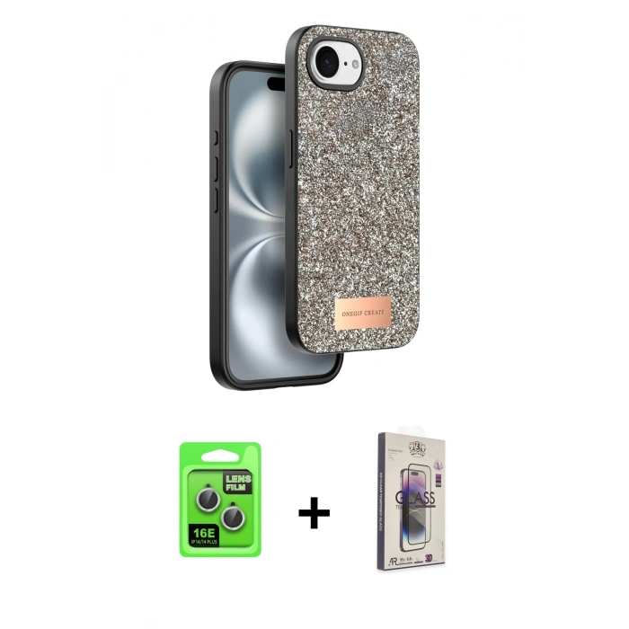 MARSİLYAN™- iPhone 16E Kılıf Vadi Klasik Serisi - Siyah Bilvis 3D Cam Ekran Koruyucu + Raze Metal Kamera Lens - GS