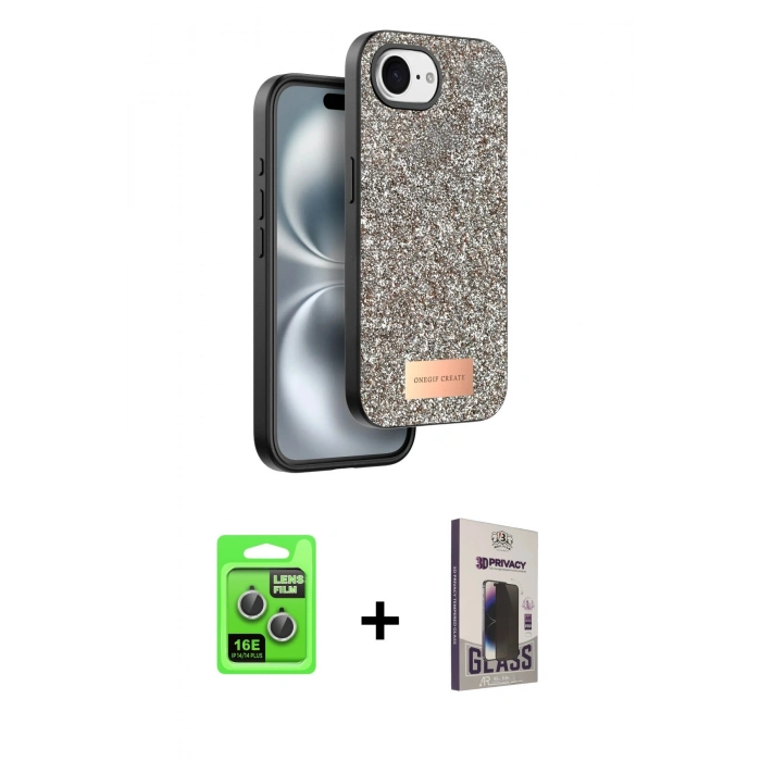 MARSİLYAN™- iPhone 16E Kılıf Vadi Klasik Serisi - Siyah Bilvis Hayalet Cam Ekran Koruyucu + Raze Metal Kamera Lens - GS