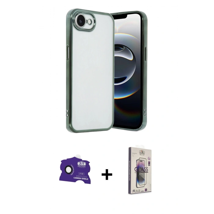 MARSİLYAN™- iPhone 16E Kılıf Vadi Minimal - Siyah Bilvis 3D Cam Ekran Koruyucu + Bilvis Titan Kamera Lens - SH