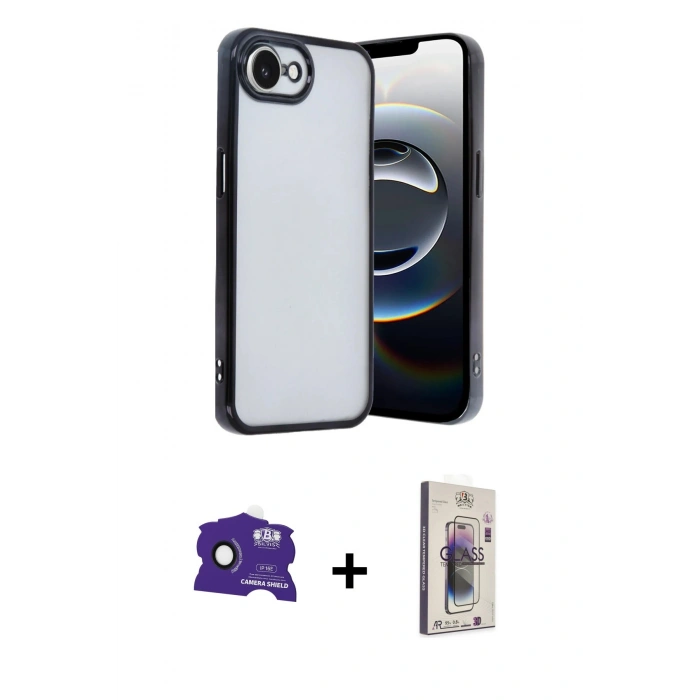 MARSİLYAN™- iPhone 16E Kılıf Vadi Minimal - Siyah Bilvis 3D Cam Ekran Koruyucu + Bilvis Titan Kamera Lens - SH
