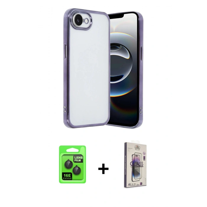 MARSİLYAN™- iPhone 16E Kılıf Vadi Minimal - Siyah Bilvis 3D Cam Ekran Koruyucu + Raze Metal Kamera Lens - SH