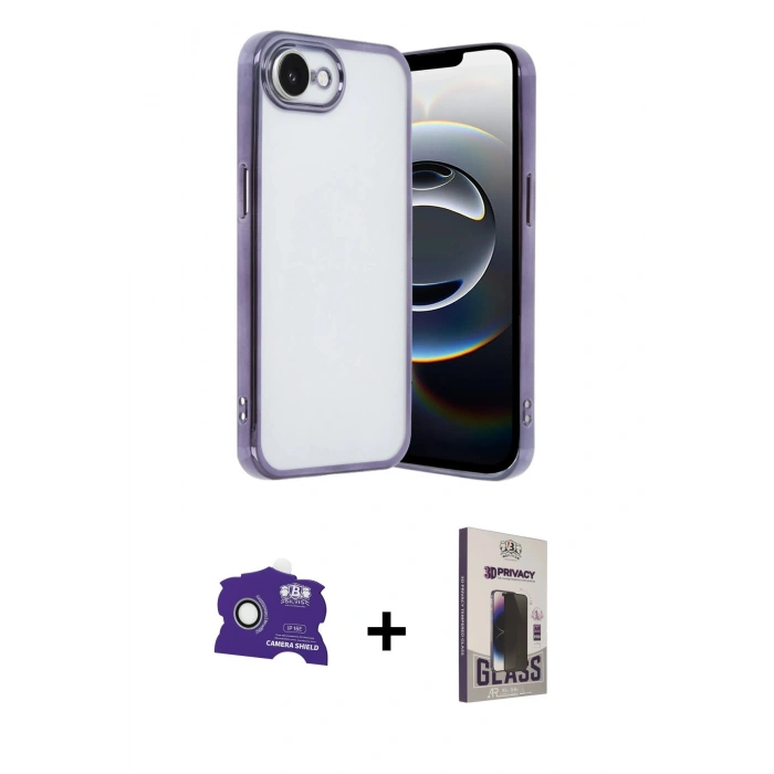 MARSİLYAN™- iPhone 16E Kılıf Vadi Minimal - Siyah Bilvis Hayalet Cam Ekran Koruyucu + Bilvis Titan Kamera Lens - BZ