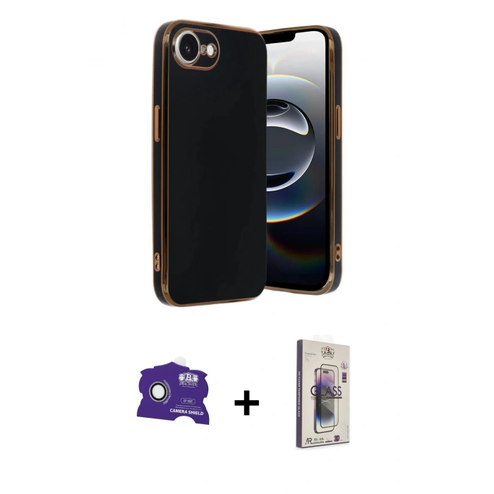 MARSİLYAN™- iPhone 16E Kılıf Yankı Serisi - Siyah Bilvis 3D Cam Ekran Koruyucu + Bilvis Titan Kamera Lens - BZ