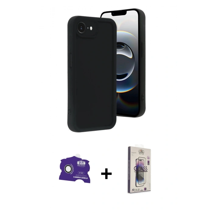 MARSİLYAN™- iPhone 16E Kılıf Yankı Yansıma Özel Seri - Siyah Bilvis 3D Cam Ekran Koruyucu + Bilvis Titan Kamera Lens - BZ
