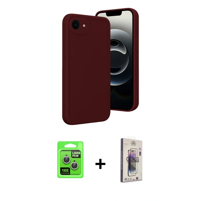 MARSİLYAN™- iPhone 16E Kılıf Yankı Yansıma Özel Seri - Siyah Bilvis 3D Cam Ekran Koruyucu + Gümüş Raze Metal Kamera Lens