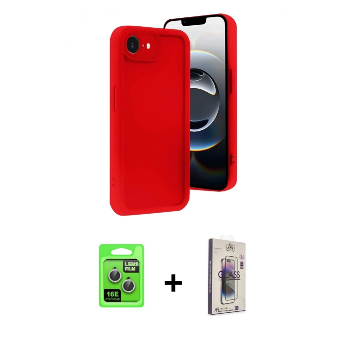 MARSİLYAN™- iPhone 16E Kılıf Yankı Yansıma Özel Seri - Siyah Bilvis 3D Cam Ekran Koruyucu + Gümüş Raze Metal Kamera Lens