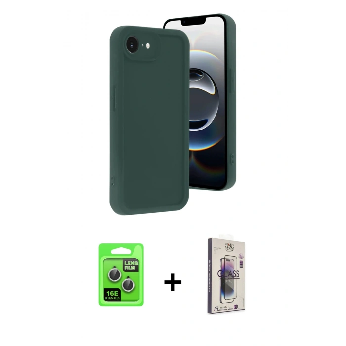MARSİLYAN™- iPhone 16E Kılıf Yankı Yansıma Özel Seri - Siyah Bilvis 3D Cam Ekran Koruyucu + Gümüş Raze Metal Kamera Lens