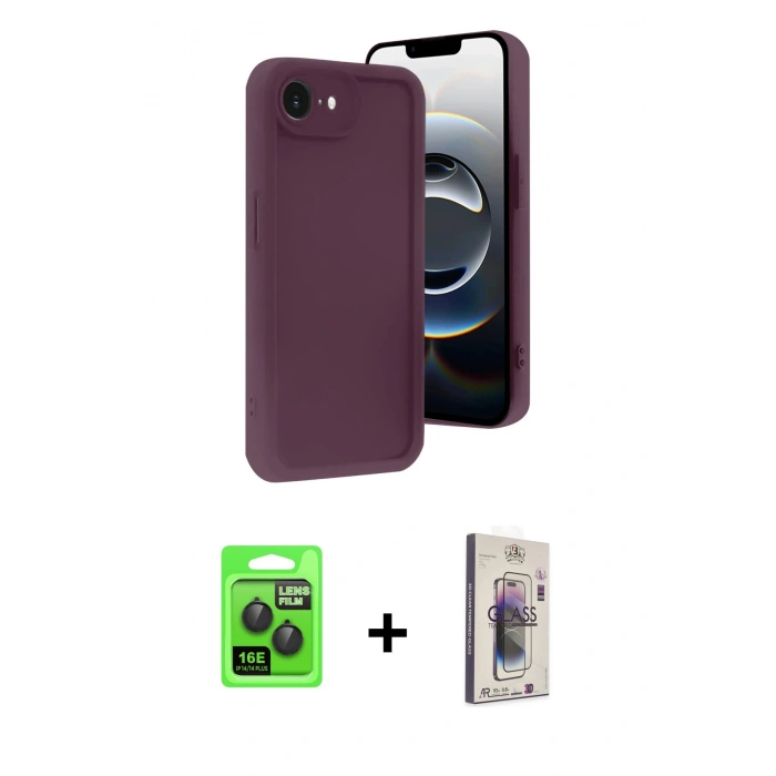 MARSİLYAN™- iPhone 16E Kılıf Yankı Yansıma Özel Seri - Siyah Bilvis 3D Cam Ekran Koruyucu + Siyah Raze Metal Kamera Lens
