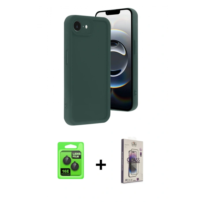 MARSİLYAN™- iPhone 16E Kılıf Yankı Yansıma Özel Seri - Siyah Bilvis 3D Cam Ekran Koruyucu + Siyah Raze Metal Kamera Lens