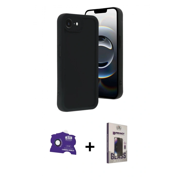 MARSİLYAN™- iPhone 16E Kılıf Yankı Yansıma Özel Seri - Siyah Bilvis Hayalet Cam Ekran Koruyucu + Bilvis Titan Kamera Lens - RW