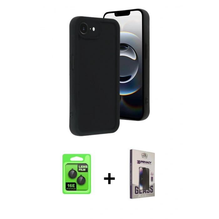 MARSİLYAN™- iPhone 16E Kılıf Yankı Yansıma Özel Seri - Siyah Bilvis Hayalet Cam Ekran Koruyucu + Raze Metal Kamera Lens - SH