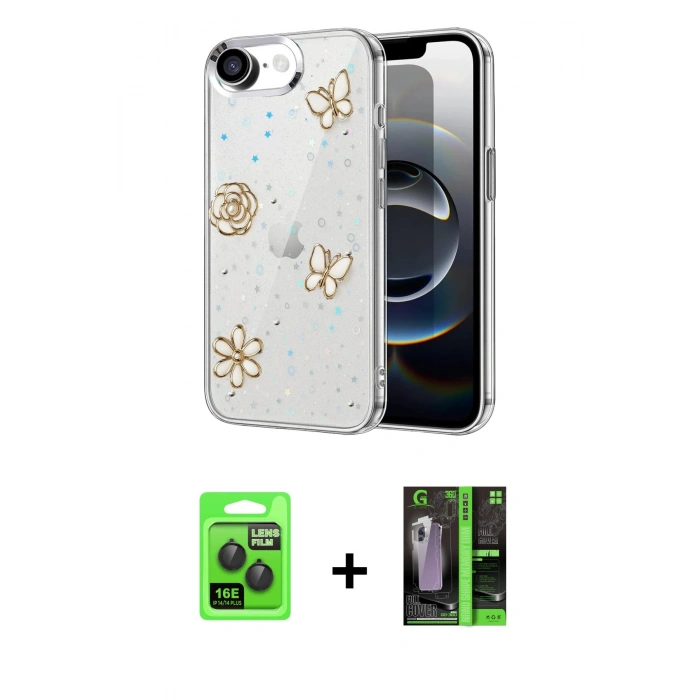 MARSİLYAN™- iPhone 16E Kılıf Yörünge Form - Şeffaf 360 Full Body Arka Koruyucu + Raze Metal Kamera Lens - SH