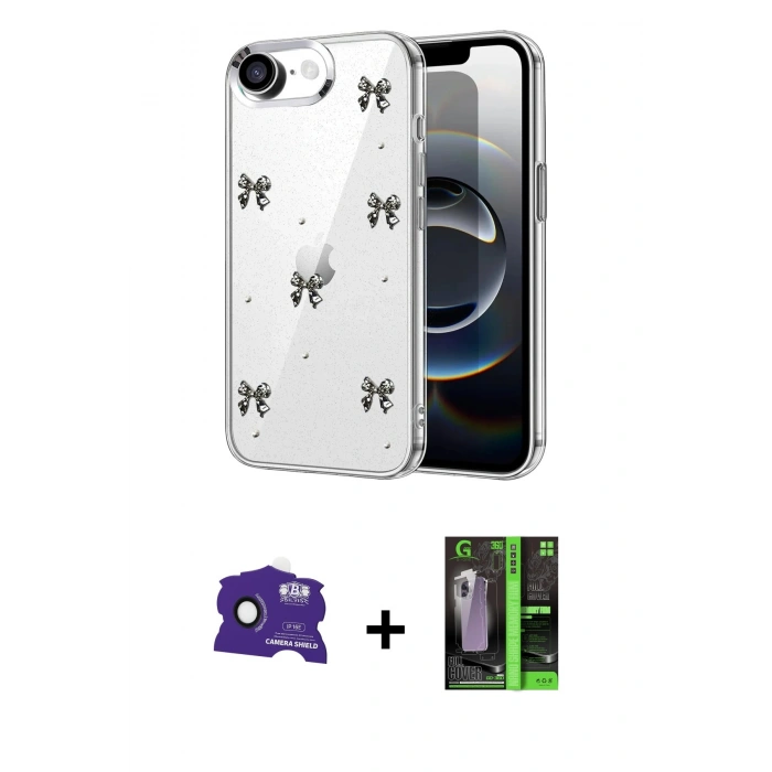 MARSİLYAN™- iPhone 16E Kılıf Yörünge Form - Şeffaf 360 Full Body Arka Koruyucu + Bilvis Titan Kamera Lens - SH