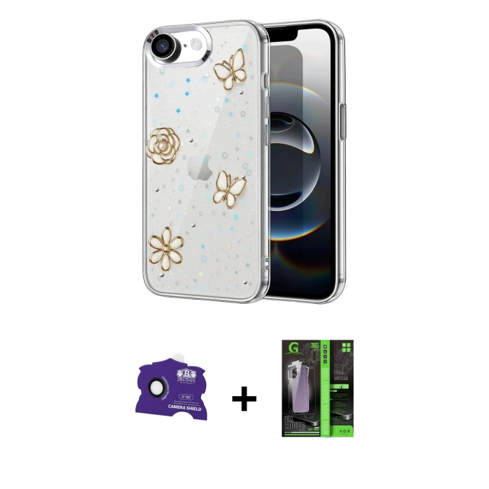 MARSİLYAN™- iPhone 16E Kılıf Yörünge Form - Şeffaf 360 Full Body Arka Koruyucu + Bilvis Titan Kamera Lens - SH
