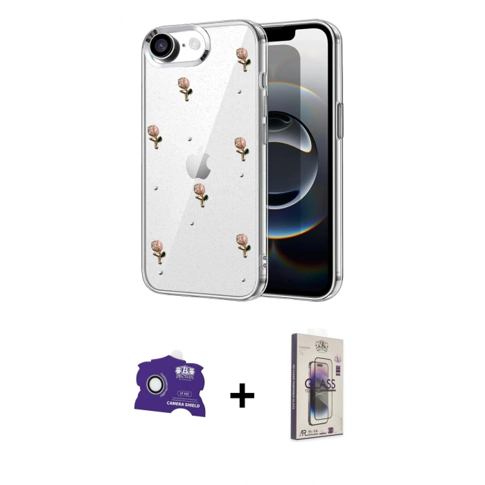 MARSİLYAN™- iPhone 16E Kılıf Yörünge Form - Siyah Bilvis 3D Cam Ekran Koruyucu + Bilvis Titan Kamera Lens - BZ