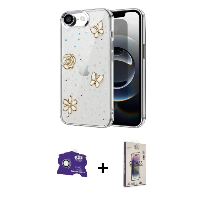 MARSİLYAN™- iPhone 16E Kılıf Yörünge Form - Siyah Bilvis 3D Cam Ekran Koruyucu + Bilvis Titan Kamera Lens - BZ