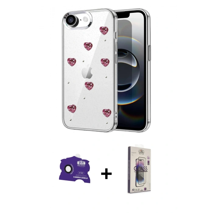 MARSİLYAN™- iPhone 16E Kılıf Yörünge Form - Siyah Bilvis 3D Cam Ekran Koruyucu + Siyah Bilvis Titan Kamera Lens