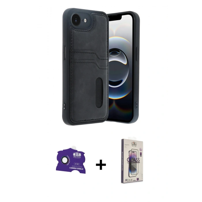 MARSİLYAN™- iPhone 16E Kılıf Yörünge Işık Serisi - Siyah Bilvis 3D Cam Ekran Koruyucu + Bilvis Titan Kamera Lens - RW
