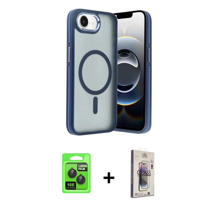 MARSİLYAN™- iPhone 16E Kılıf Yörünge Klasik - Siyah Bilvis 3D Cam Ekran Koruyucu + Raze Metal Kamera Lens - SH