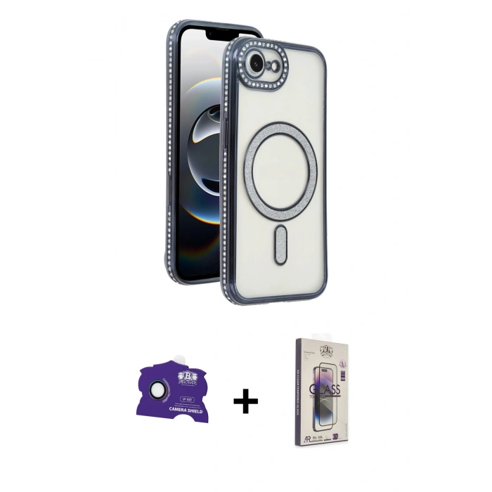 MARSİLYAN™- iPhone 16E Kılıf Zirve Doku Prime - Siyah Bilvis 3D Cam Ekran Koruyucu + Bilvis Titan Kamera Lens - RW