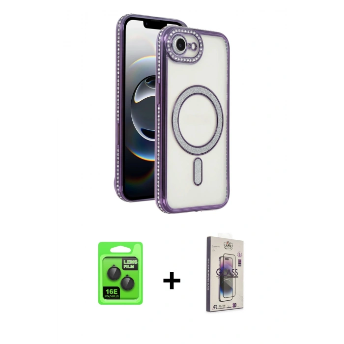 MARSİLYAN™- iPhone 16E Kılıf Zirve Doku Prime - Siyah Bilvis 3D Cam Ekran Koruyucu + Raze Metal Kamera Lens - SH